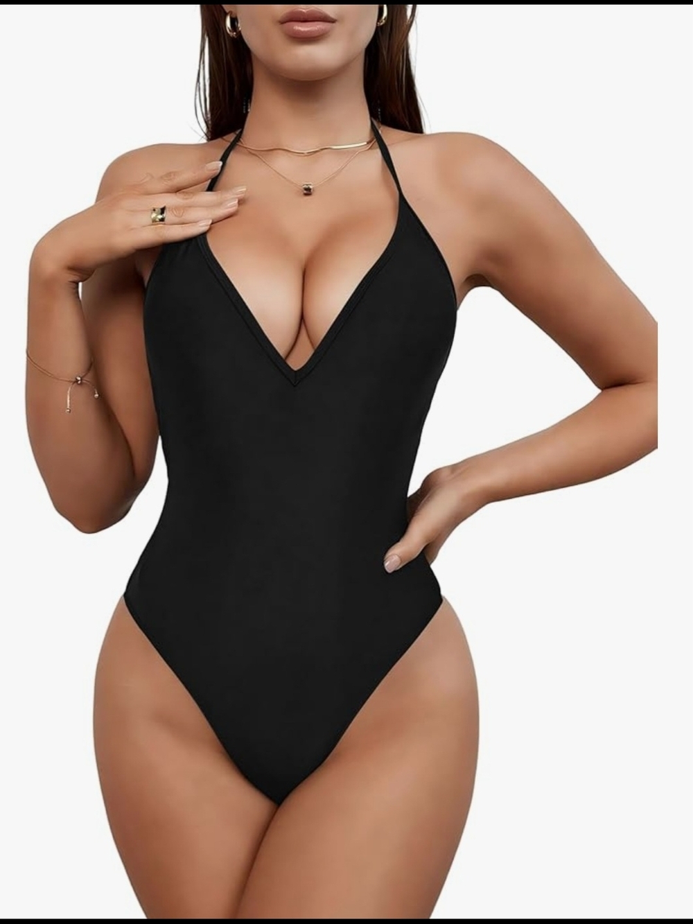 Black Halter V-Neck One-Piece Swimsuit
